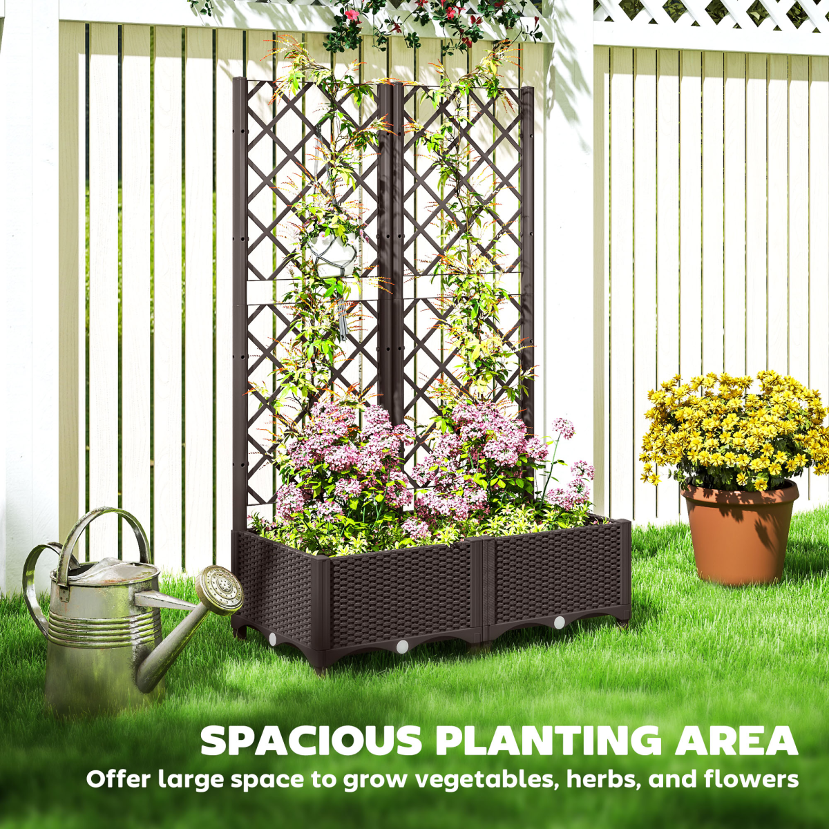 Outsunny Plastic Planter Box with Trellis, Vegetable Planter w/ Drain Plugs