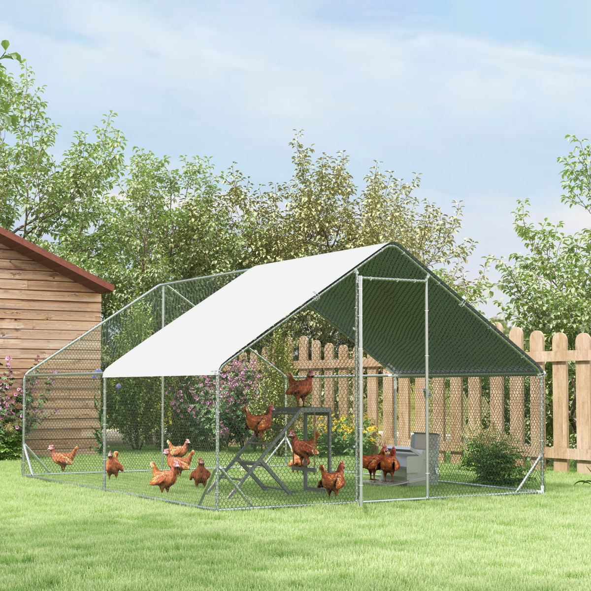 Walk In Chicken Run Large Galvanized Chicken Coop w/ Cover 3 x 4 x 2m Pawhut