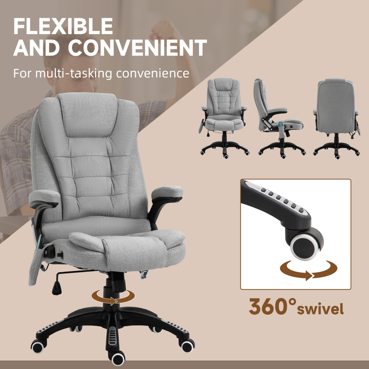 Executive Reclining Chair w/ Heating Massage Points Relaxing Headrest Grey