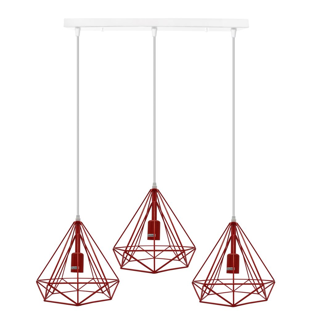 3 Head Red Rectangle Base Vintage Industrial E27 Ceiling Hanging Light Cage Shade