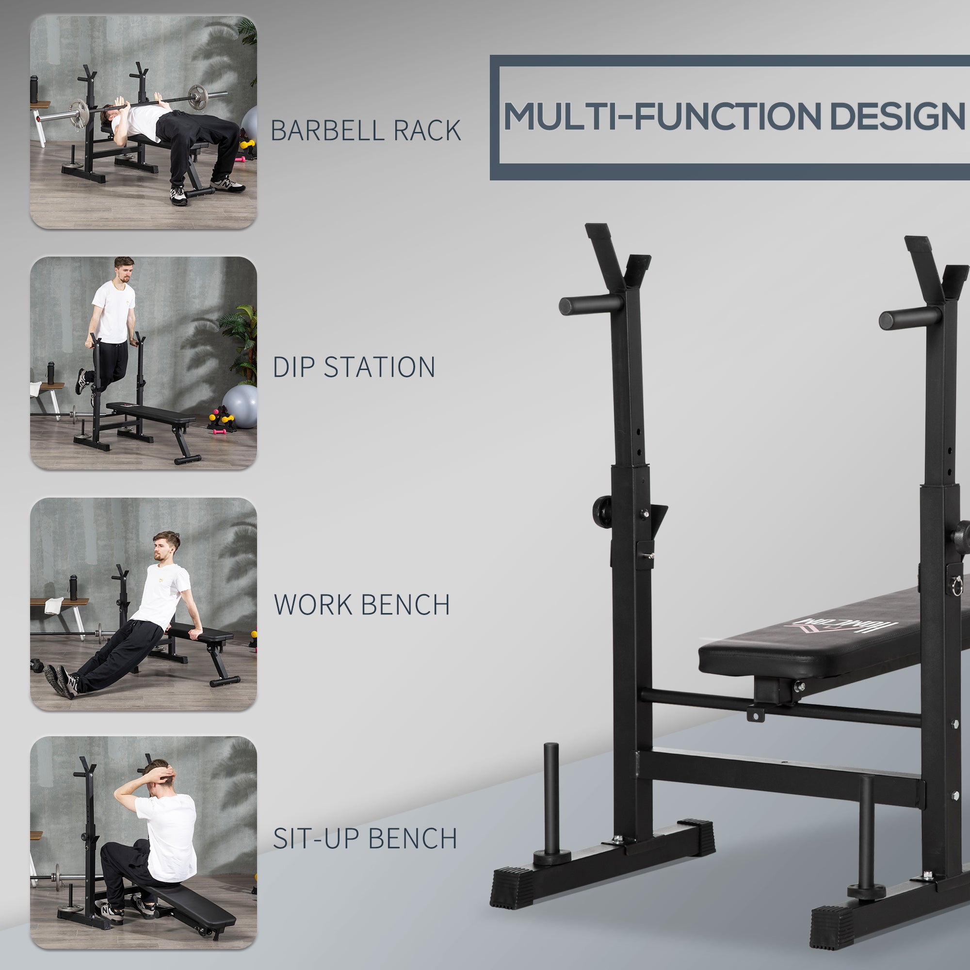 HOMCOM Adjustable Weight Bench with Barbell Rack and Dip Station, Black