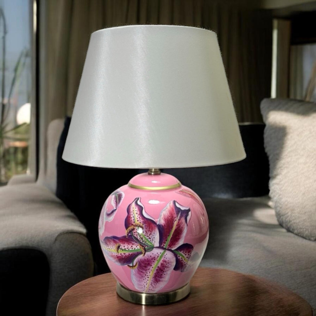 AcaciaHome Durable 40cm Floral Ceramic Table Lamp with White Drum Shade