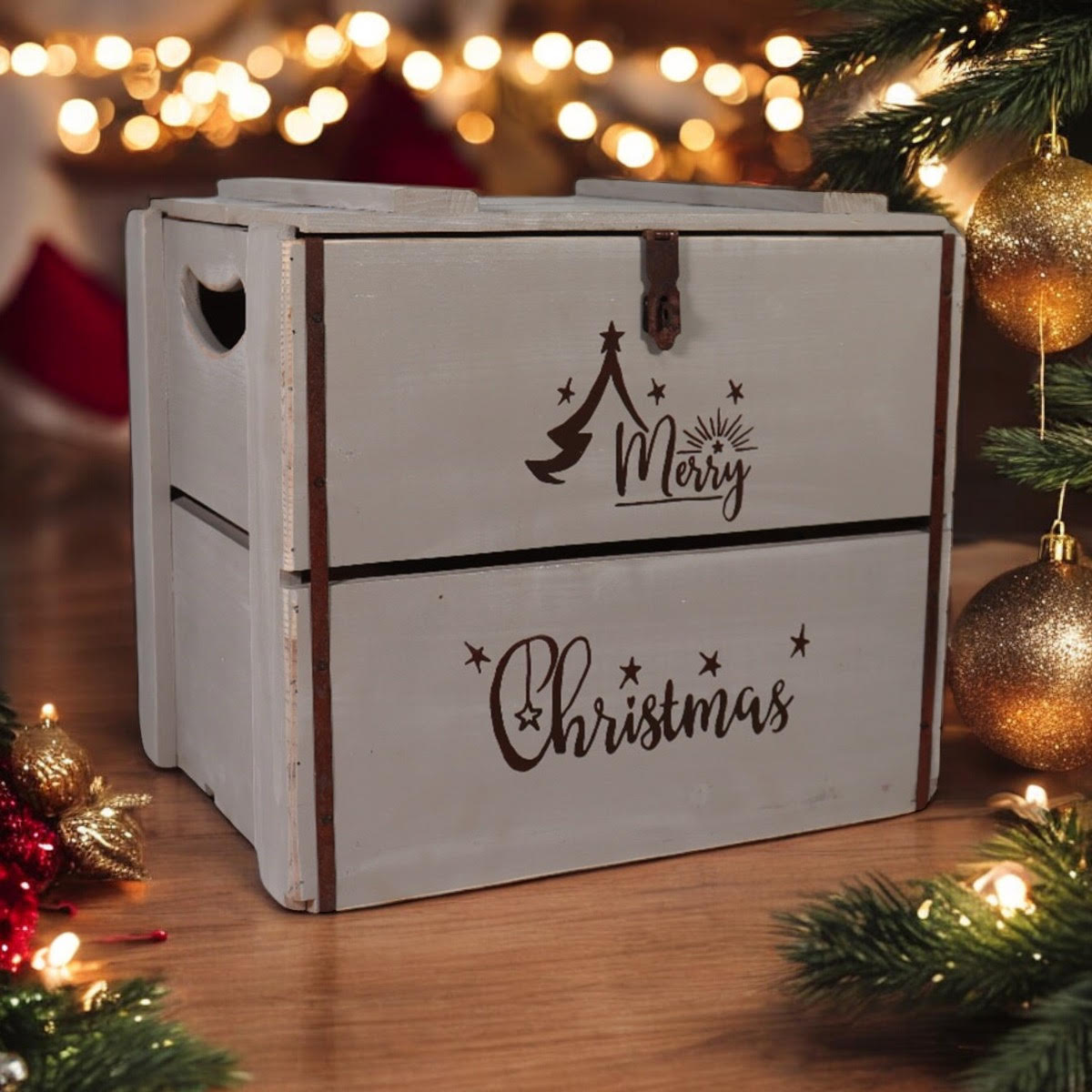 AcaciaHome Vintage and Charming Rustic Merry Xmas Storage Crate (Vintage Grey)