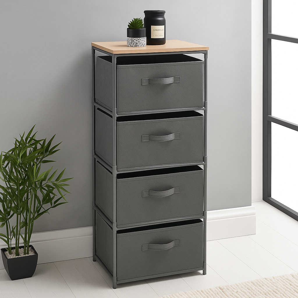 4 Drawer Chest. Drawers feature fabric handles