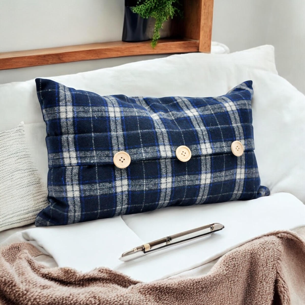Luxury Tartan Cushion Cover - Elegant & Luxury Blue Checked Velvet, 30 x 50 cm