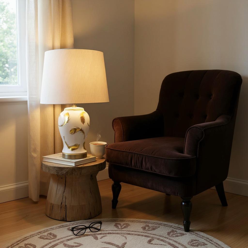 AcaciaHome Cream Ceramic Table Lamp with Drum Shade (Leaf Vase - 63cm Shade)