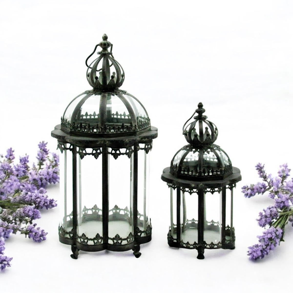 Stylish Set of 2 Metal Grey Tealight Lantern Holders
