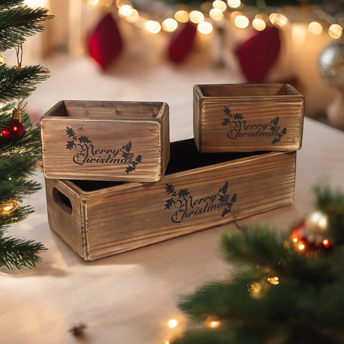 AcaciaHome Stylish and Vintage Wooden Merry Christmas Storage Crate Set (Dark Brown)