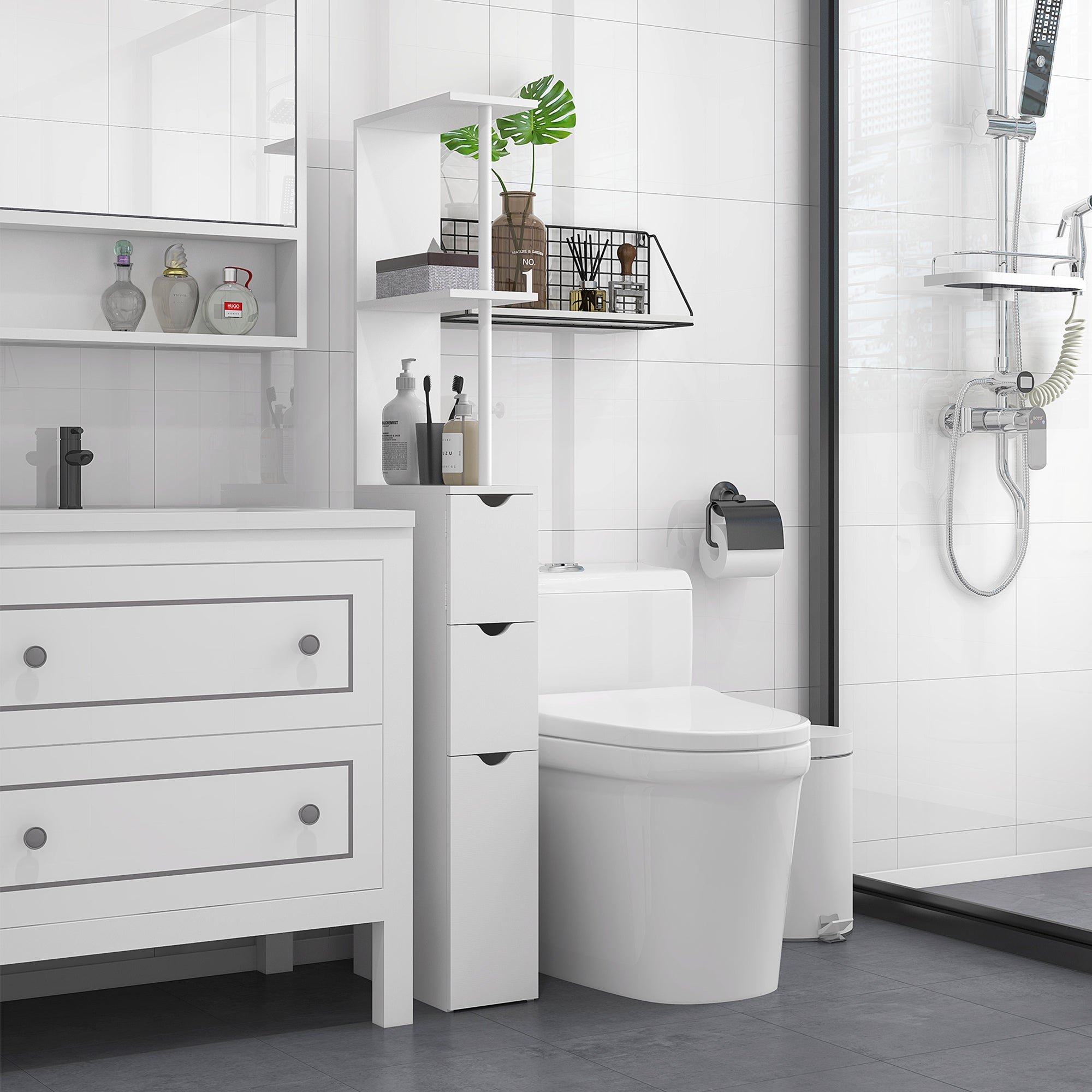 HOMCOM Tall Bathroom Cabinet, Bathroom Storage Cabinet W/ Shelf, Drawers White