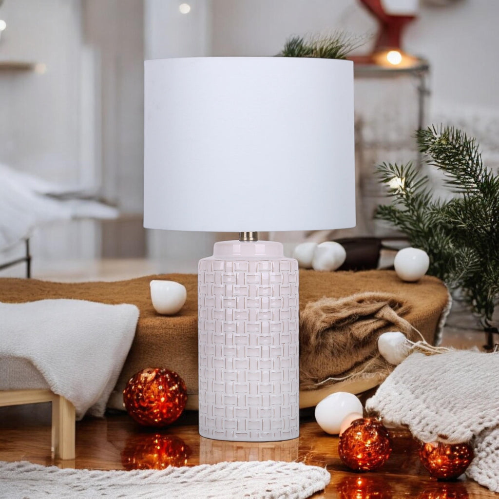 Cream Ceramic Table Lamp with Drum Shade (Leopard Vase - 63cm Shade)