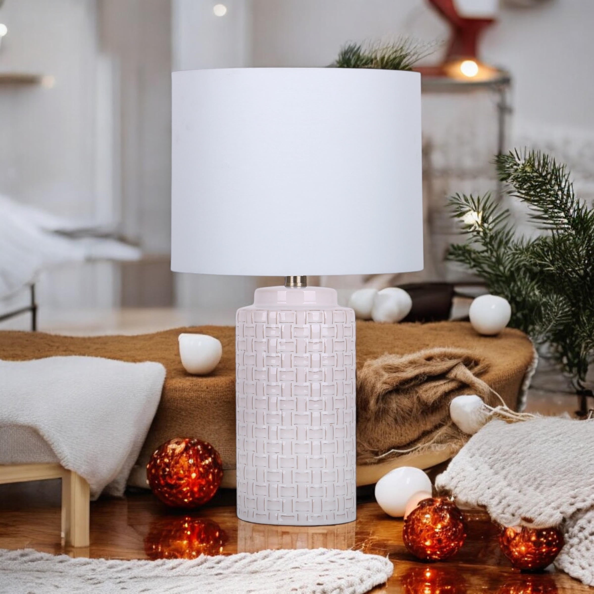 Cream Ceramic Table Lamp with Drum Shade (Leopard Vase - 63cm Shade)