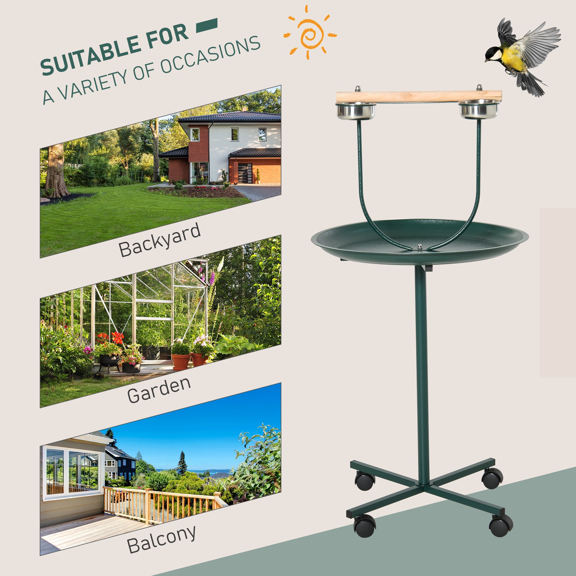 PawHut Bird Perch Stand, T-Stand Bird Training with Perch, Wheels, Bowls, Green