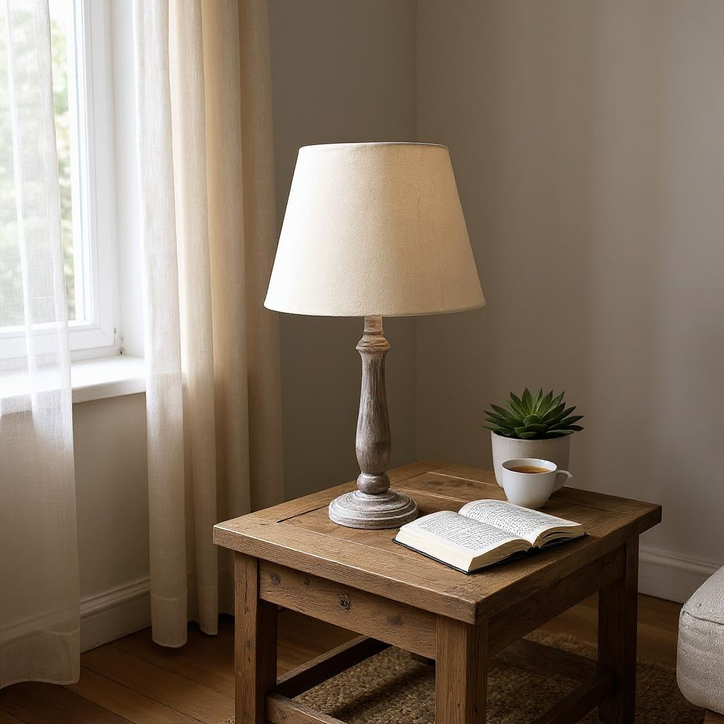 AcaciaHome Tall Wooden Beige Washed 45cm Table Lamp with Taupe Linen Shade
