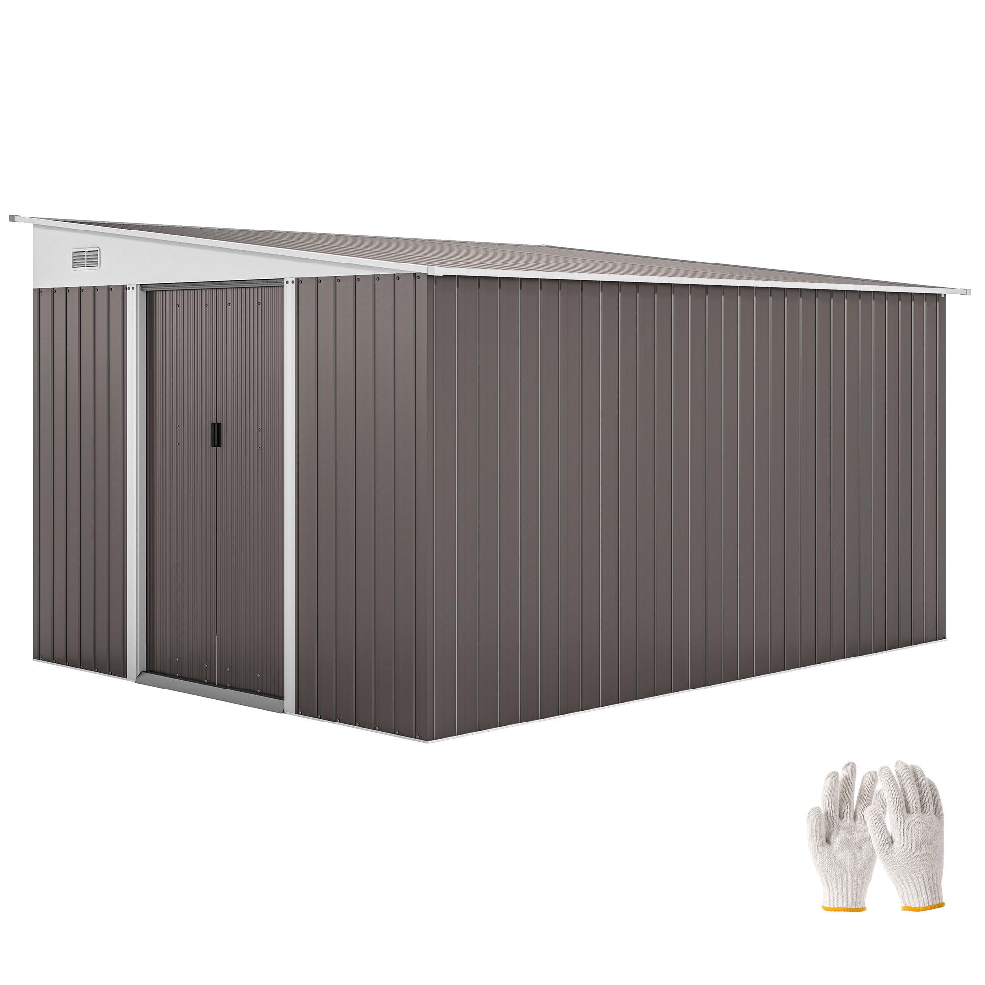 11.3 x 9.2ft Steel Garden Shed Metal Tool House Double Doors & 2 Air Vents, Grey