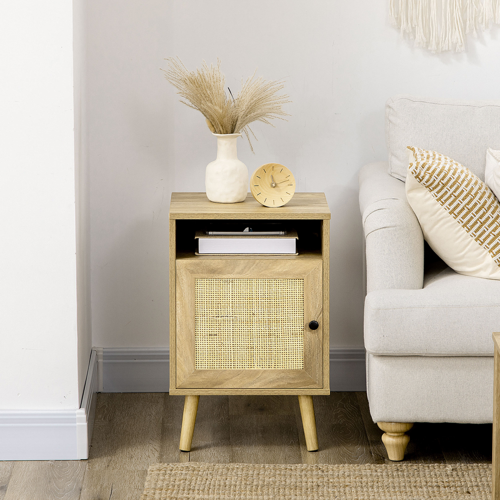 HOMCOM Nightstand, Rattan Bedside Table w/ Cabinet, Shelf, Natural