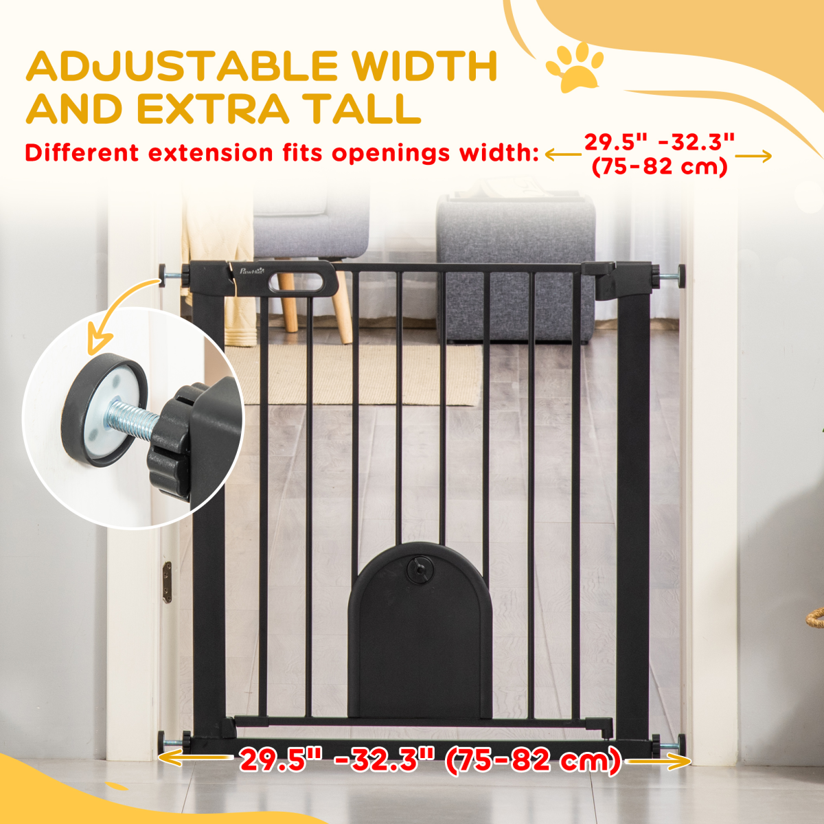 75-82 cm Pet Safety Gate, Stair Pressure Fit, Auto Close, Double Locking, Black