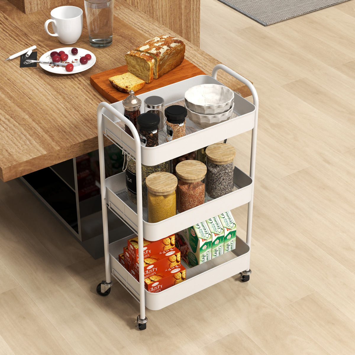 HOMCOM 3 Tier Rolling Utility Cart with 3 Mesh Basket, White