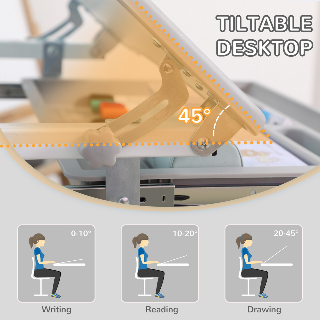 Kids Desk and Chair Set Adjustable Tiltable w/ Drawer, Pen Slot, Hook