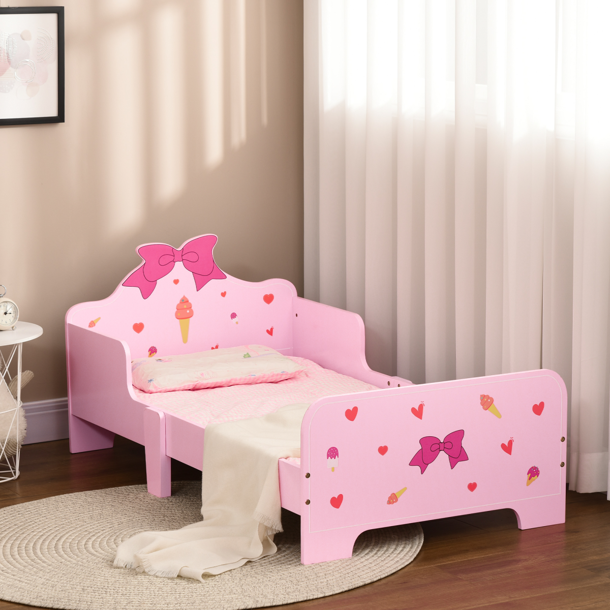 Princess-Themed Kids Toddler Bed with Cute Patterns, Safety Rails - Pink