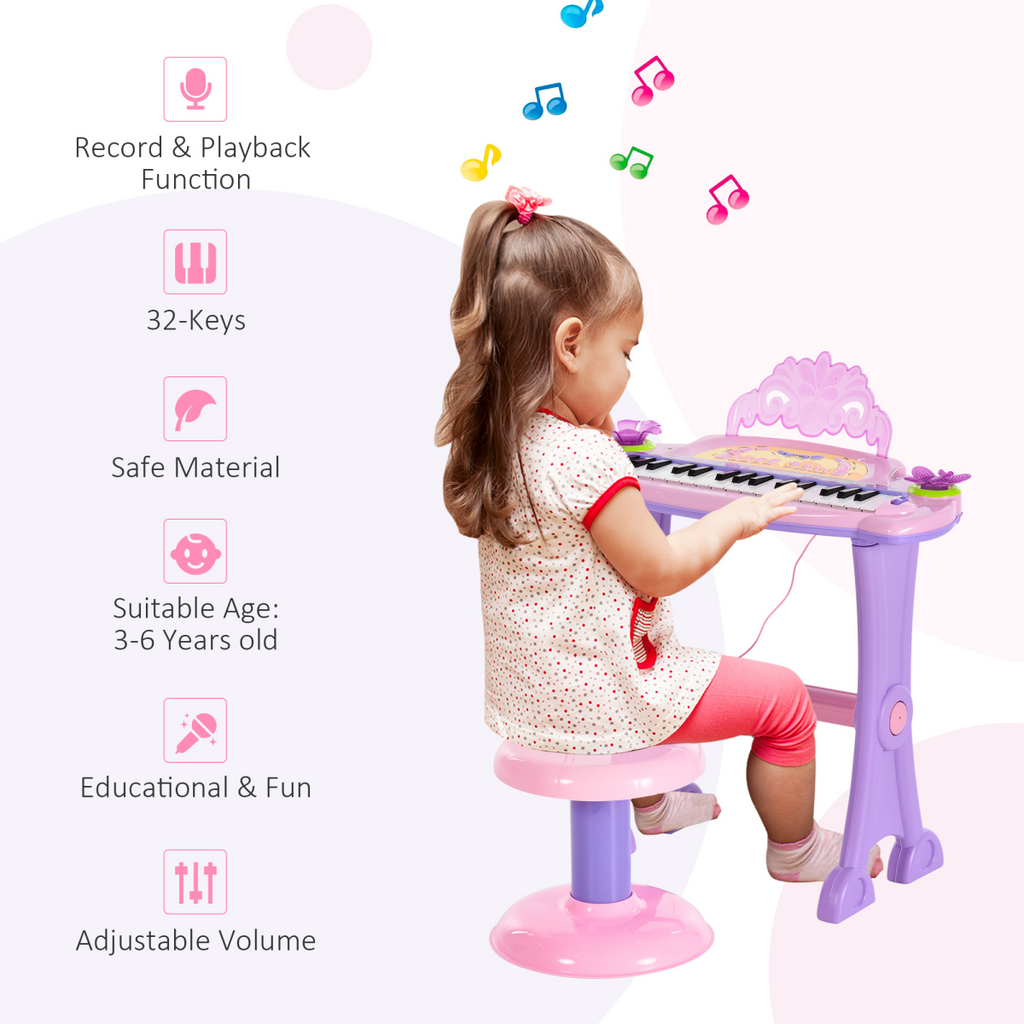 Mini Battery Organ Piano Microphone Stool 32 Key Keyboard Kids Toy