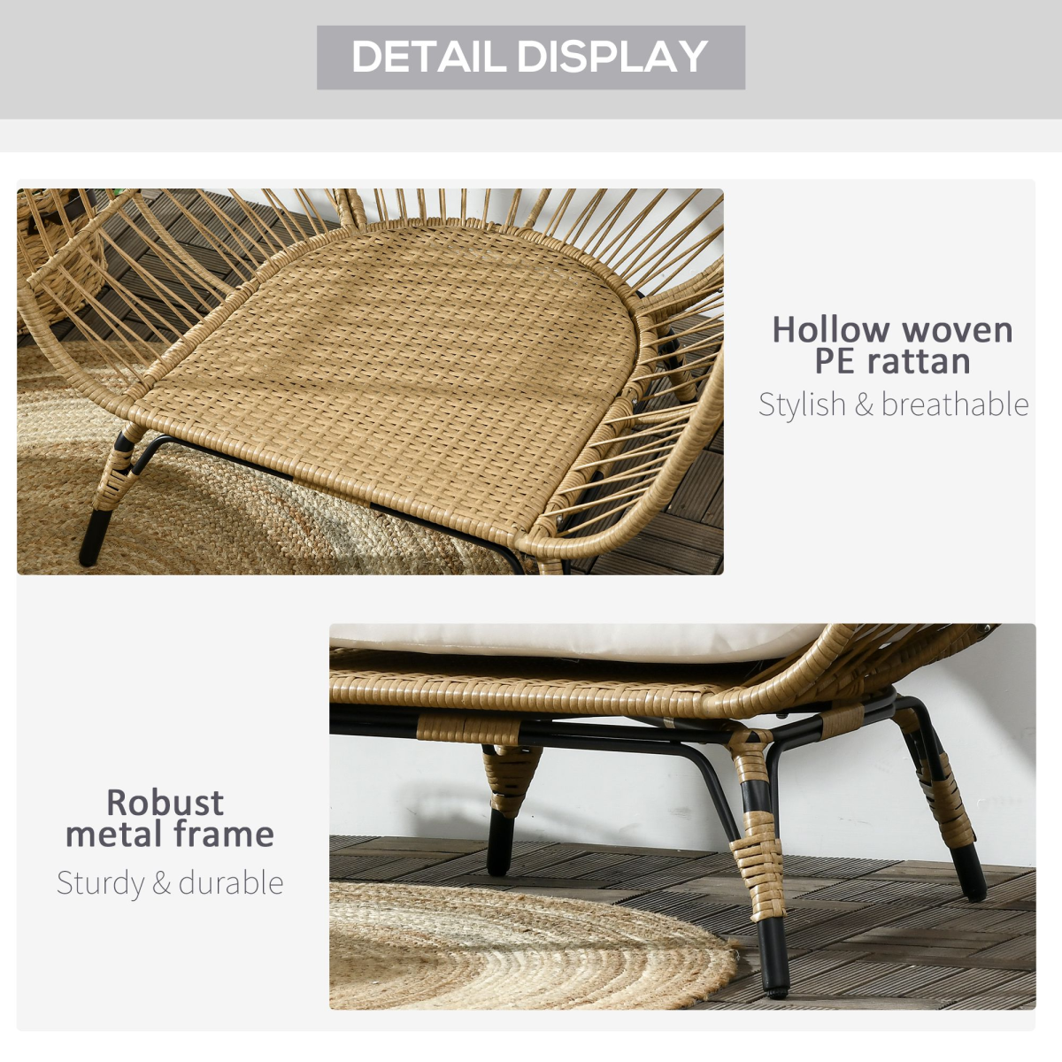 Outsunny Round PE Rattan Outdoor Egg Chair w/ Padded Cushions for Garden, Khaki
