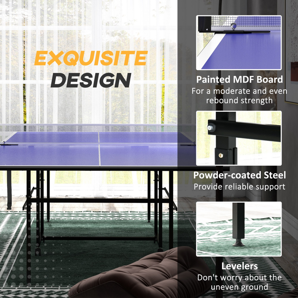 SPORTNOW 9FT Folding Table Tennis Table with 4 Wheels, for Indoors, Blue