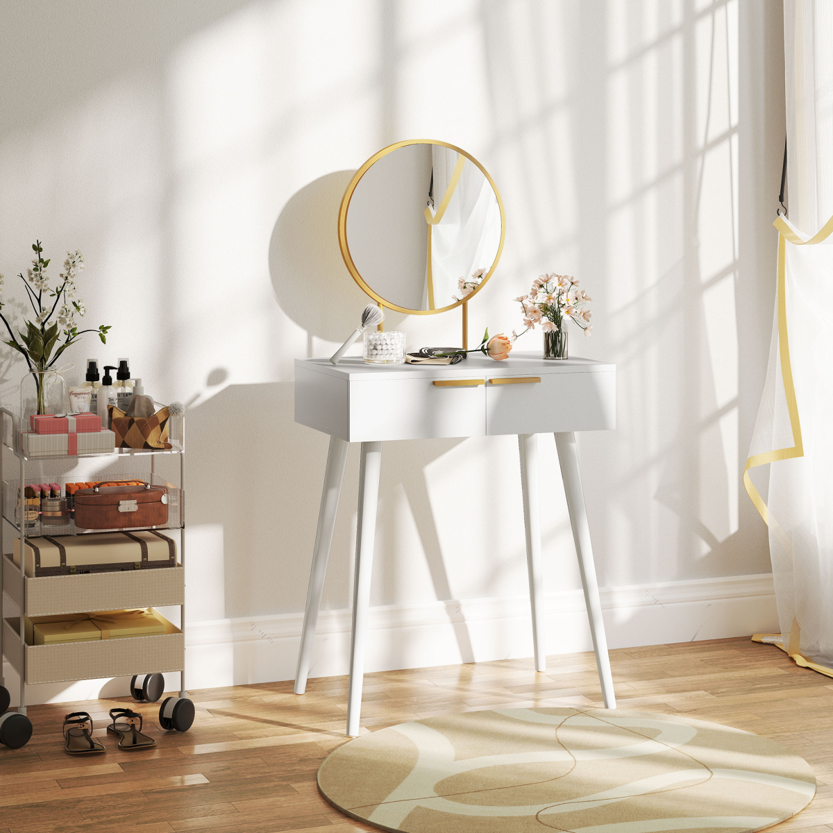 HOMCOM Modern Dressing Table w/ 2 Drawers Round Mirror for Bedroom White