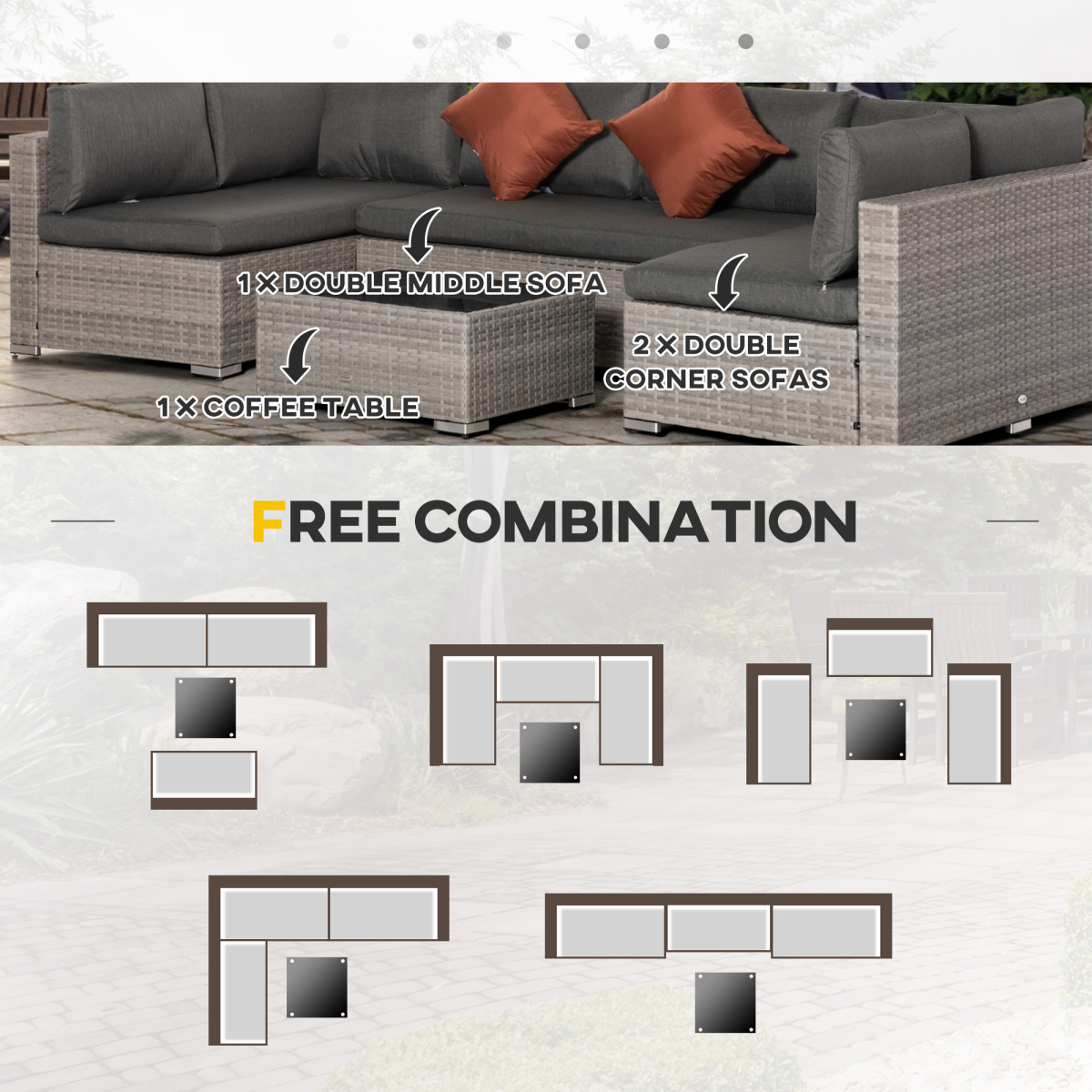6-Seater Patio PE Rattan Sofa Set, w/ Tempered Glass Coffee Table Grey