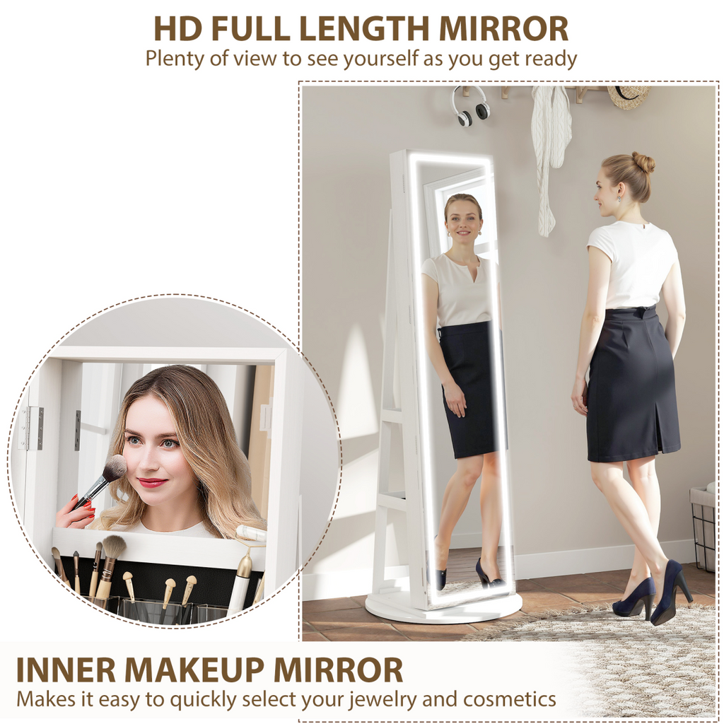 HOMCOM 360° Swivel Jewellery Cabinet, Full Length Mirror with Storage, White