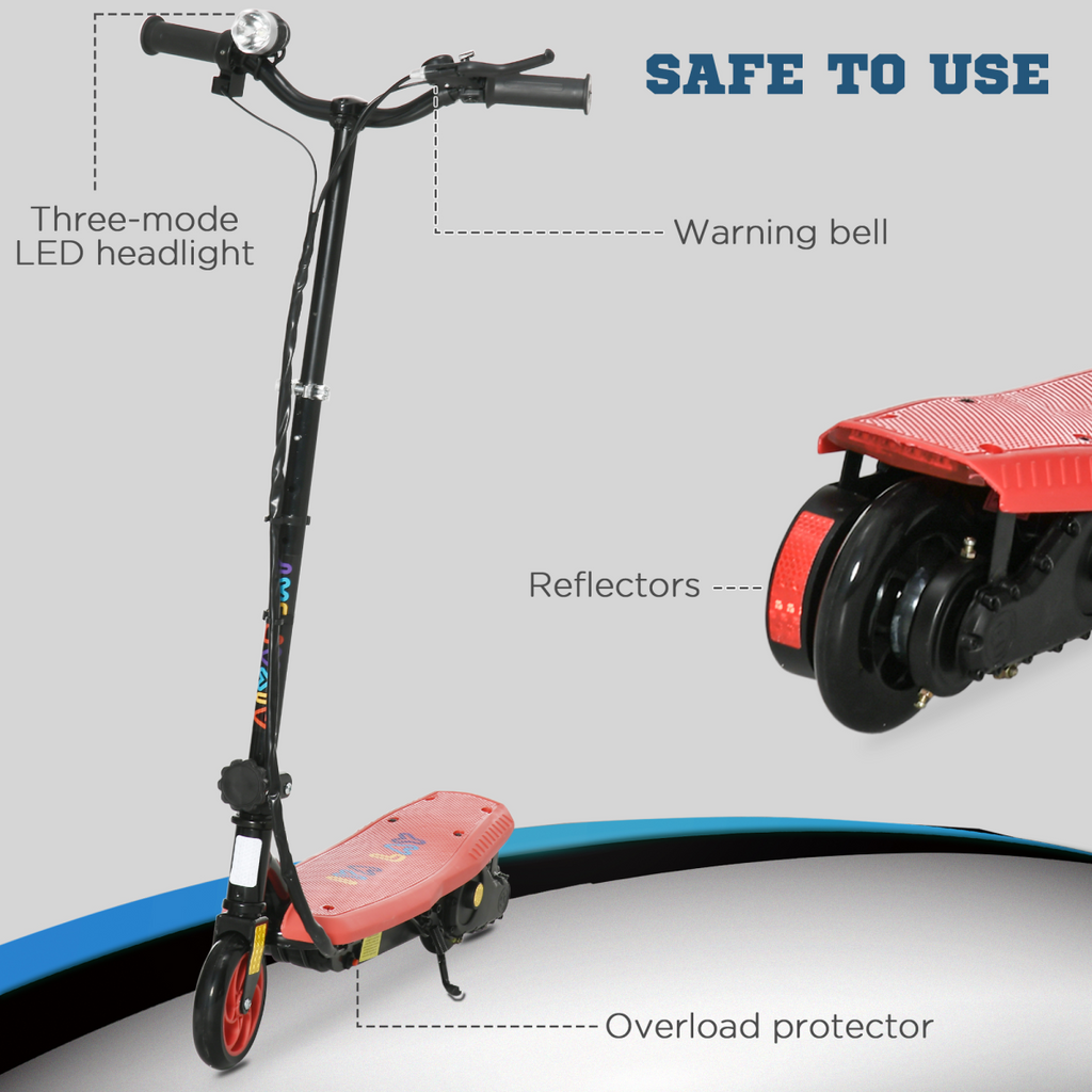 Folding Electric Scooter E-Scooter with LED Headlight, for Ages 7-14 Years - Red