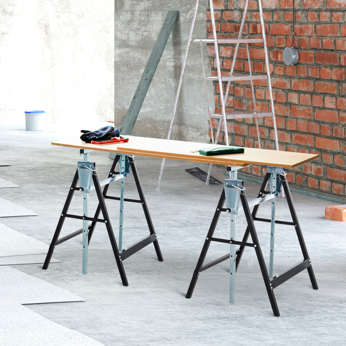 2xTelescopic Builders Trestle Work Bench-Black