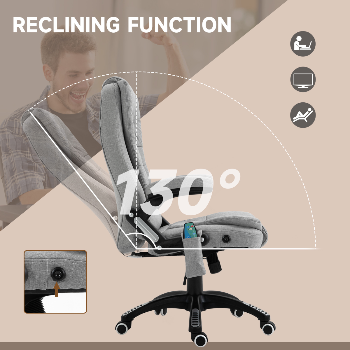Executive Reclining Chair w/ Heating Massage Points Relaxing Headrest Grey