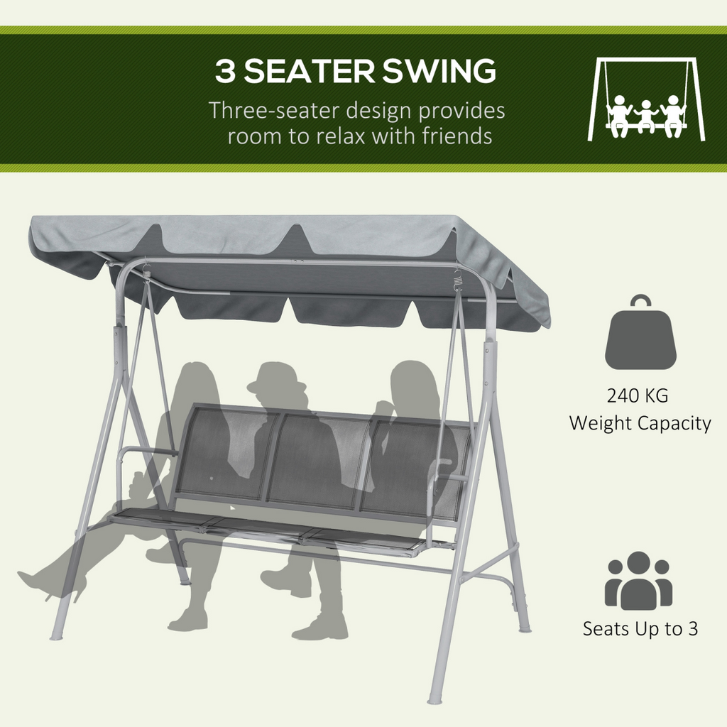 Outsunny Metal Swing Chair Garden Hammock 3 Seater Patio Bench with Canopy, Grey