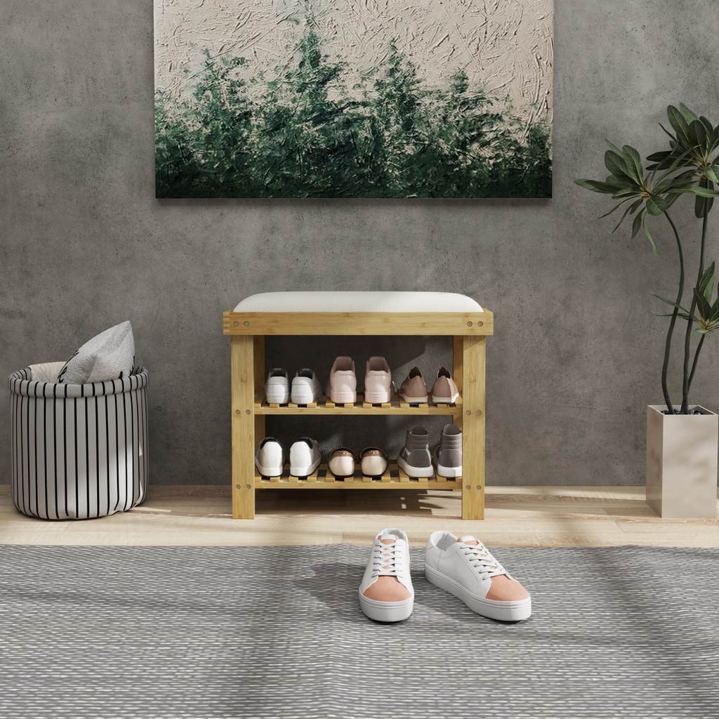 HOMCOM 3-Tier Shoe Storage Bench, Bamboo Shoe Rack for Entryway, Cream