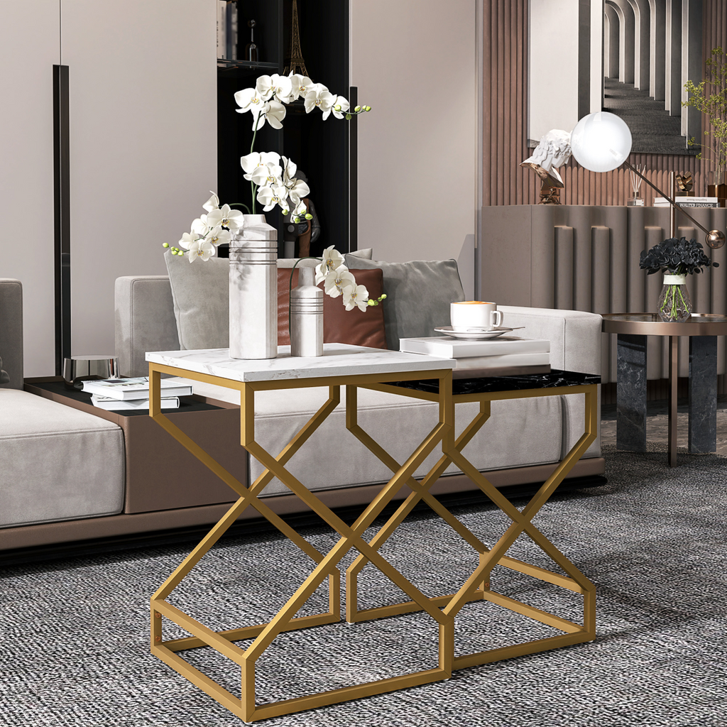 HOMCOM Nest Of Tables, Coffee Table Set with Steel Frame Black/White