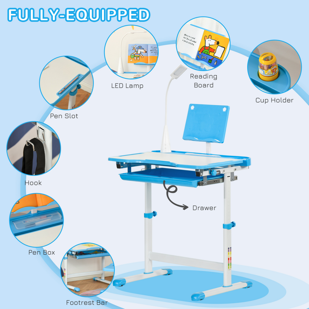 HOMCOM Kids Study Desk and Chair Set w/ USB Lamp, Adjustable Height, Blue