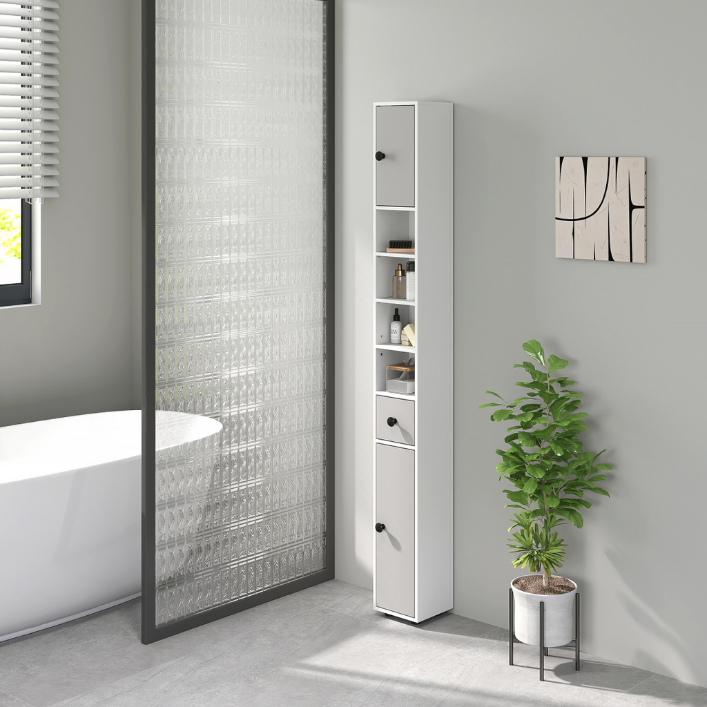 kleankin Slim Bathroom Cabinet, Toilet Roll Storage w/ Shelves, Light Grey
