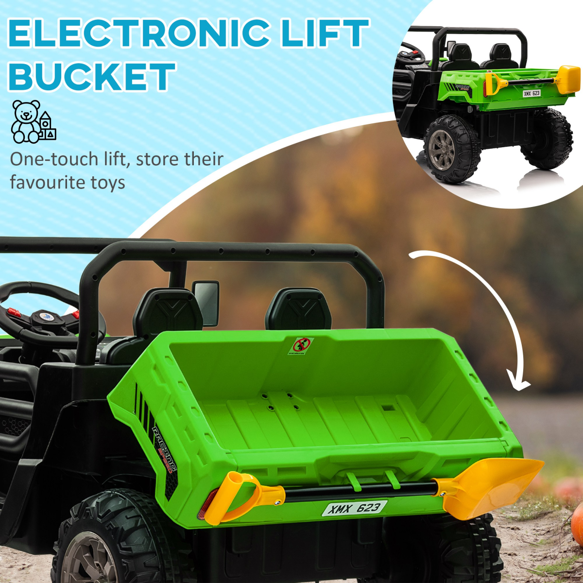 HOMCOM 12V Two-Seater Kids Electric Ride-On Car with Electric Bucket - Green