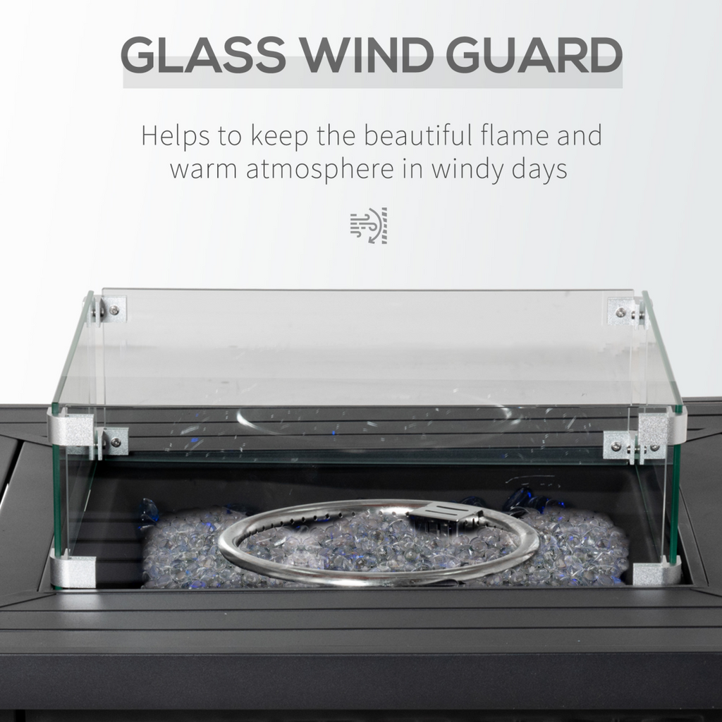 Outdoor Propane Gas Fire Pit Table Wind Screen & Glass Beads, Black Outsunny