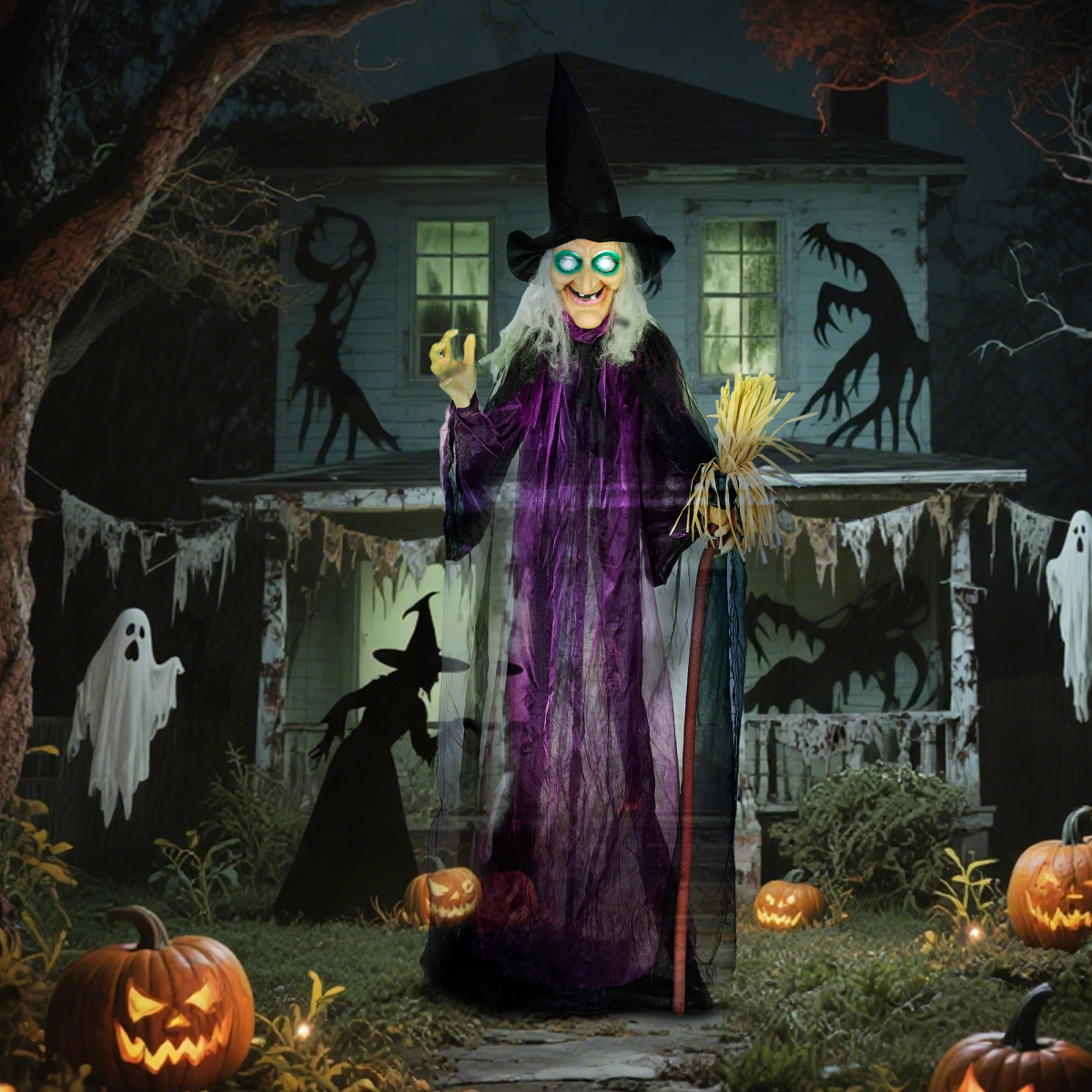 Outsunny Voice Activated Halloween Animatronics Standing Witch, Purple