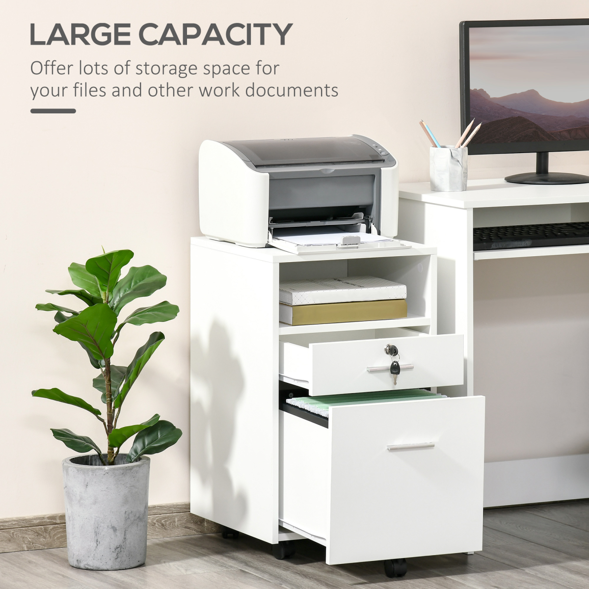Mobile File Cabinet Lockable Documents Storage w/ 5 Wheels White Vinsetto