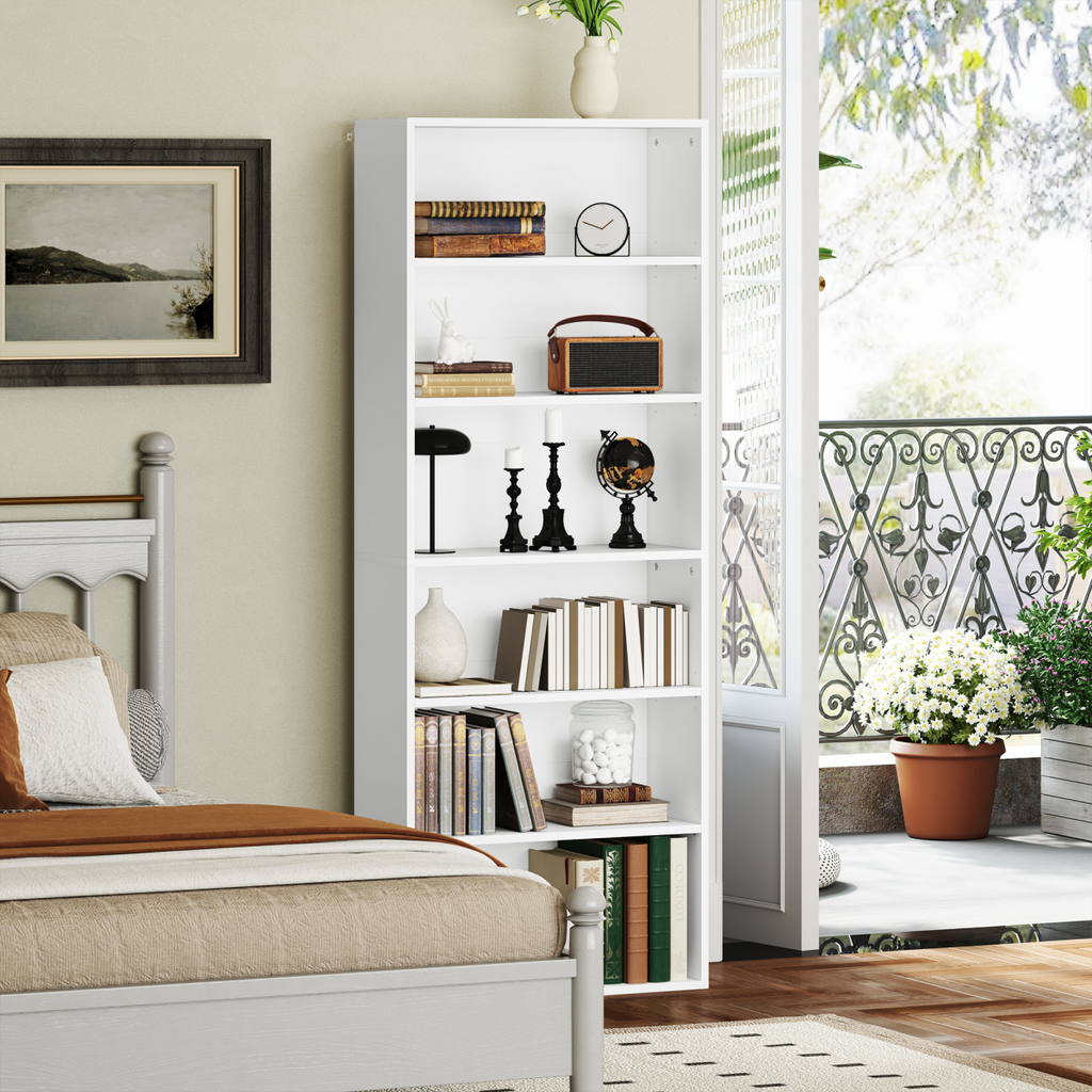 6-Tier Bookshelf, Freestanding Bookcase with Adjustable Shelves, White