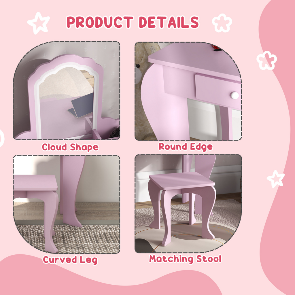 ZONEKIZ Kids Dressing Table Cloud Design with Mirror Stool Drawer Storage Boxes