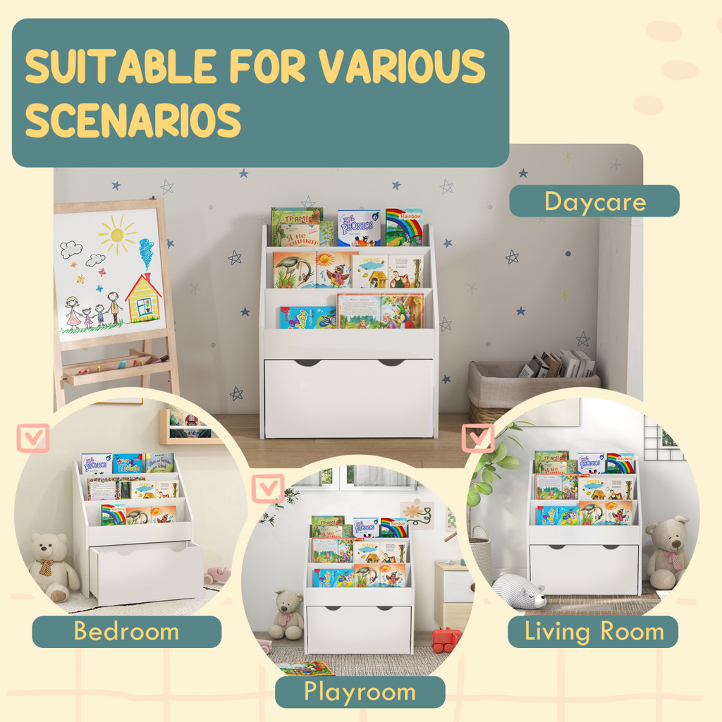 AIYAPLAY Kids Bookcase w/ 3 Tier Shelves, Drawer, for Bedroom, Nursery, White