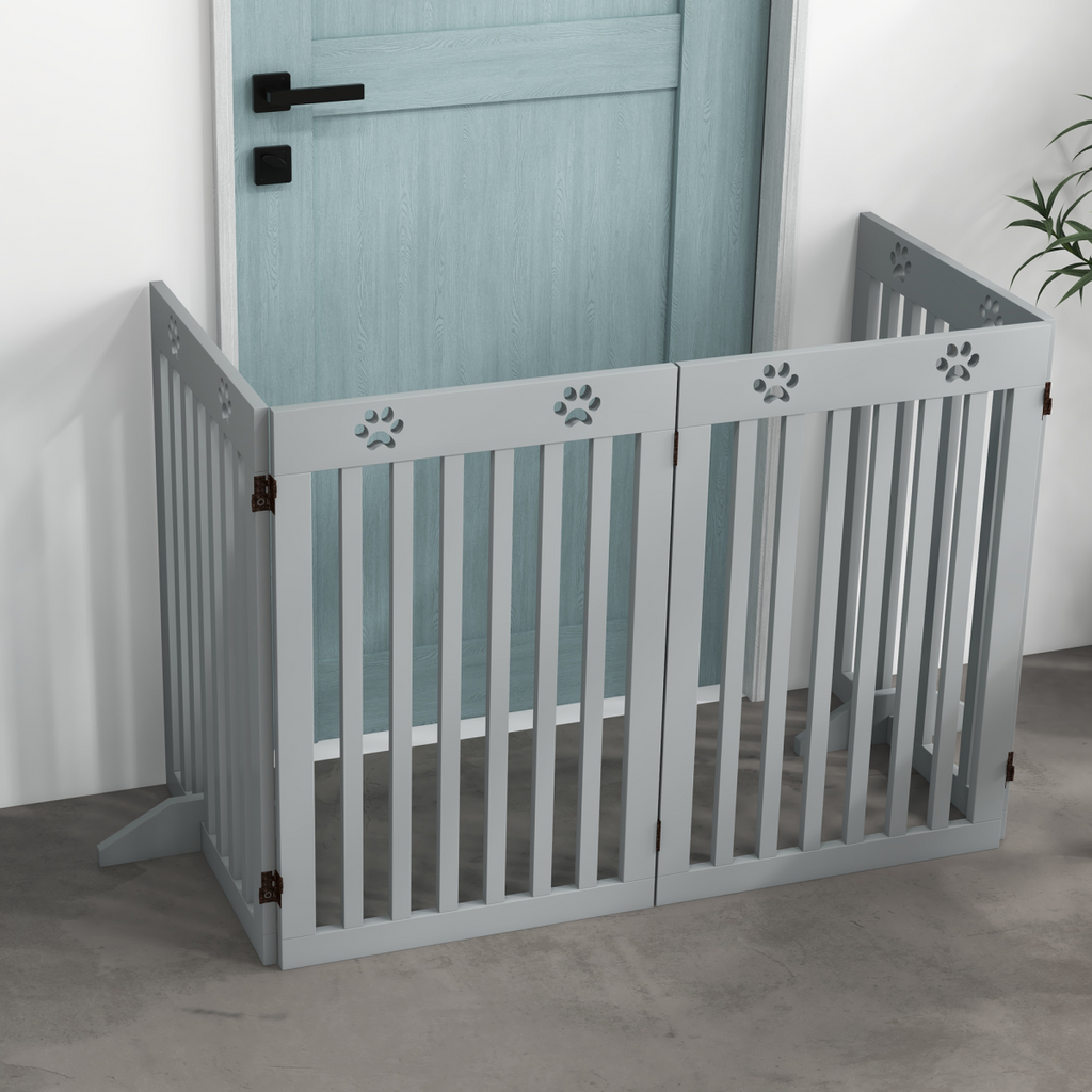 PawHut Pet Gate Foldable Fence Freestanding Dog Barrier w/ Support Feet Grey