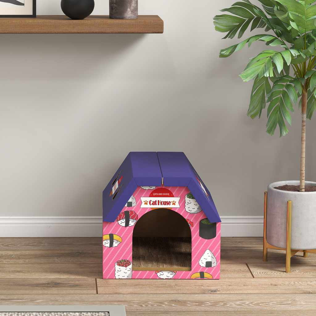 PawHut 2-in-1 Cat Scratching Board House with 4 Paw-Shaped Vents, Pink
