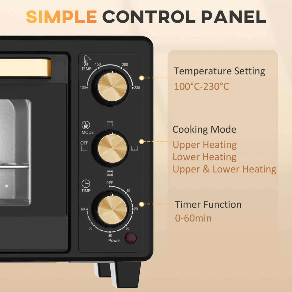 HOMCOM Mini Oven 16L Countertop Oven with Adjustable Temp Timer 1400W, Black