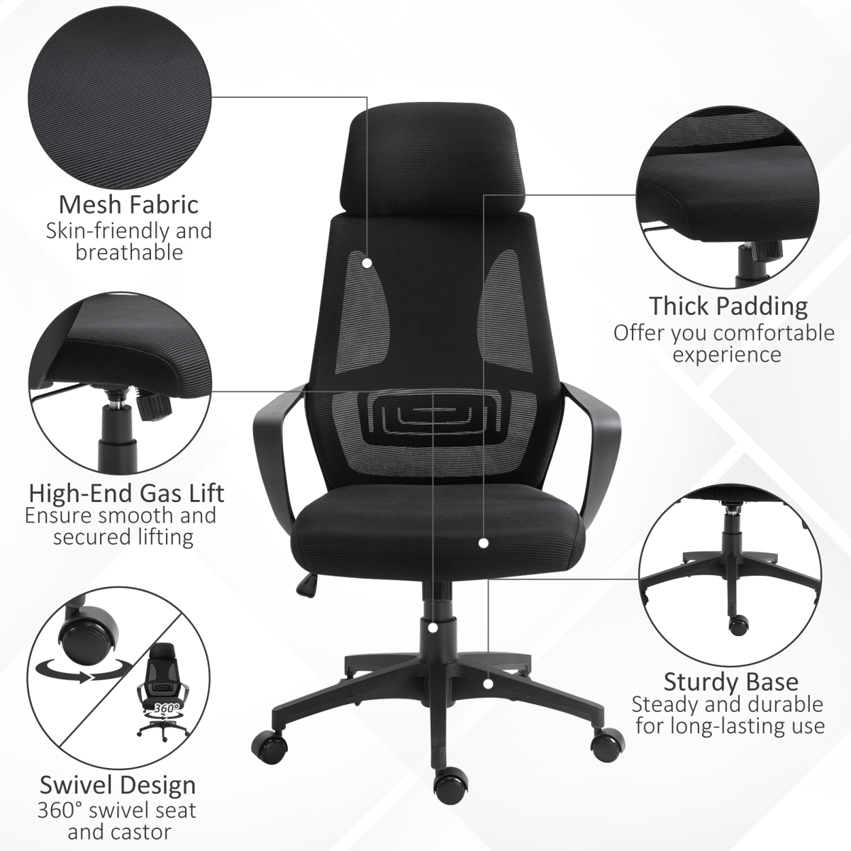 Mesh Back Office Chair with Adjustable Height Padded Headrest Black Vinsetto