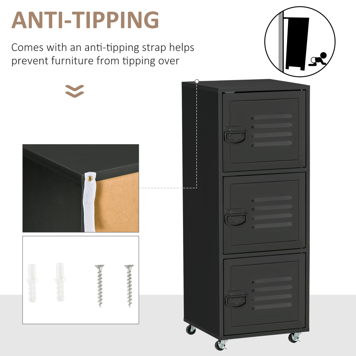 Rolling Storage Cabinet 3-Tier Mobile File Cabinet with Wheels Black