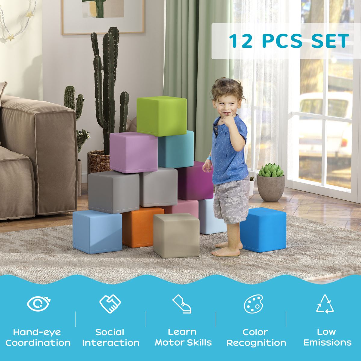 HOMCOM 12 PCs Soft Play Blocks Soft Foam Toy Blue